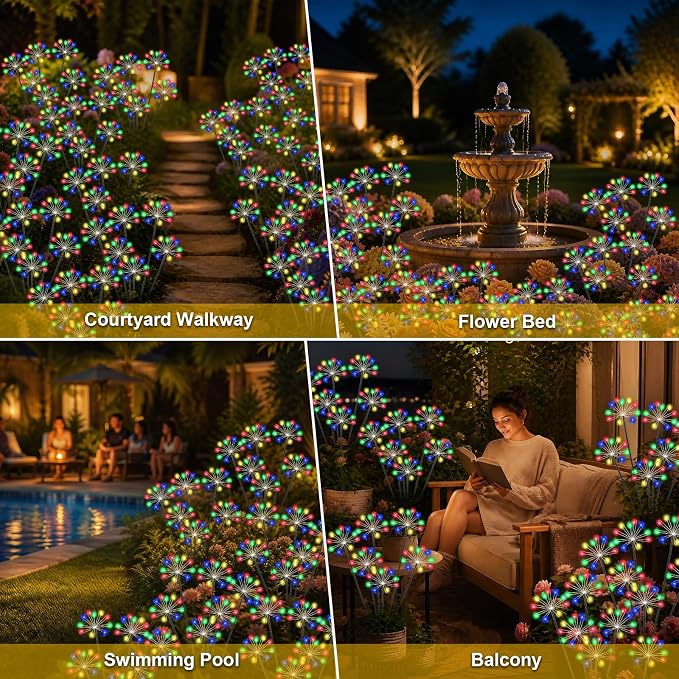 Solar Garden Lights Outdoor, Upgraded Solar Swaying Starburst Light Waterproof with 2 Modes, Solar Fairy Firework Lights for Yard Patio Pathway Flowerbed Balcony Garden Decoration (Multicolor, 2 Pack)