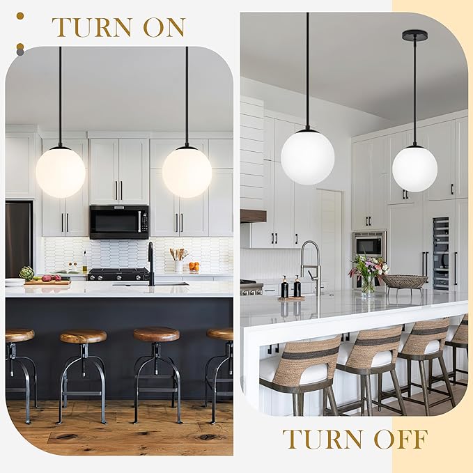 Bagood 10" Globe Pendant Light Black 2 Pack Mid Century Pendant Light Globe Pendant Lights Kitchen Island Matte Black Finished with Milk Glass Adjustable Ceiling Light Fixtures for Dining Room Bar