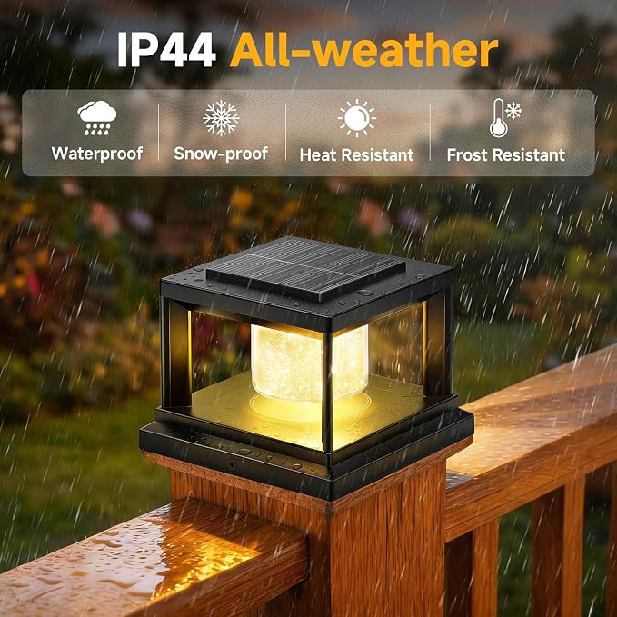 FOLKSMATE Solar Post Cap Lights 6 Pack, 2 Lighting Modes Cool/Warm White Outdoor Solar Powered, Waterproof Fence Deck Lights for 4×4 3.5×3.5 Wood Vinyl Posts, for Garden Patio Porch Decor, Black