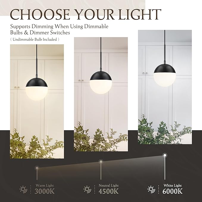 6 Inch Black 2 Pack Mid Century Modern Pendant Light Pendants for Kitchen Island Frosted Milky White Glass Globe Height-Adjustable Modern Hanging Globe Pendant Light for Bedroom (Bulb Incl)