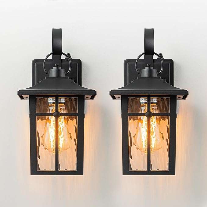 2 Pack Dusk to Dawn Outdoor Wall Lights, Aluminum Exterior Light Fixtures Wall Mount with Ripple Glass, Waterproof Black Porch Lights, Outside Wall Lantern for Entryway, Garage, Patio