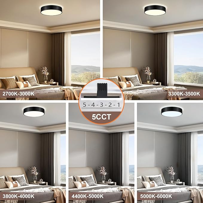 YURNYQ Black LED Flush Mount Ceiling Lights, Modern Dimmable 5CCT Close to Ceiling Light, Simple Overhead Round Kitchen Lighting Fixtures for Bedroom Hallway Entryway Living Room, 15.8 Inch