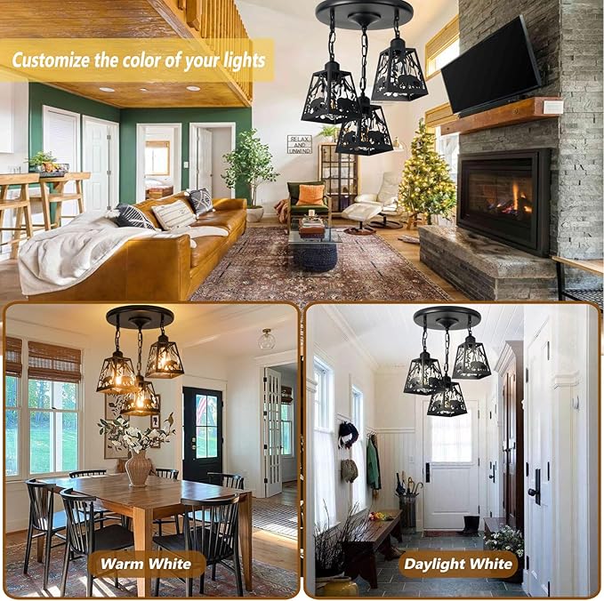 Farmhouse Rustic Ceiling Light Fixture,Black Metal Cage Pendant Lights Kitchen Island with Bear,Industrial Hanging Pendant Lighting for Dining Room Bedroom Entryway Hallway Foyer