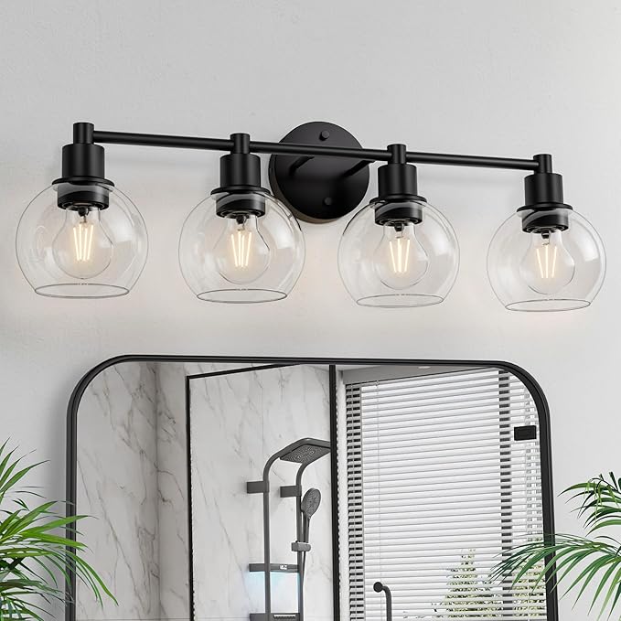 Espird 4 Lights Bathroom Vanity Light Fixtures Black, Bathroom Lights Over Mirror, Industrial and Farmhouse 4 Lights Wall Sconce, Matte Black Globe Vanity Lighting Fixtures