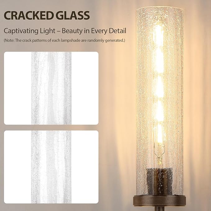 19.5" Knurled Brass Wall Sconces Set of 2, Bronze Bathroom Vanity Light Fixtures with Crackle Glass Tube, Modern Lamp Lighting for Bedroom, Living Room, Hallway, Staircase, Mirror, Kitchen