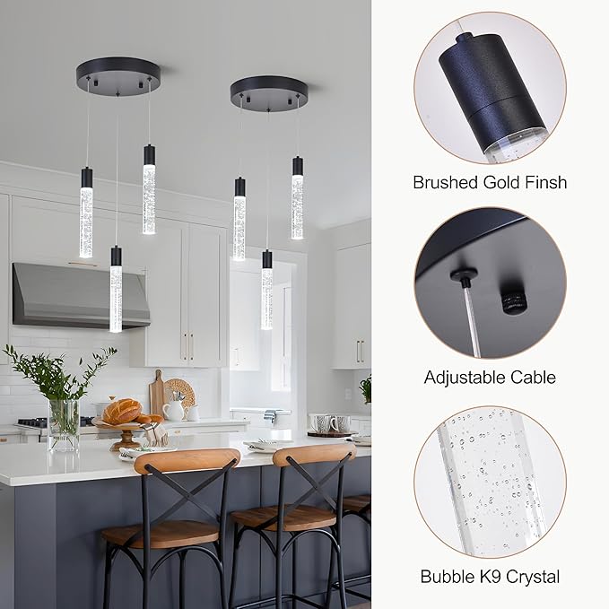3-Light Bubble Crystal Ceiling Matte Black Integrated Crystal Pendant Chandelier,Dimmable LED Ceiling Light with Adjustable Height for Kitchen Island, Dining Room & Bedroom 3000K -6000K