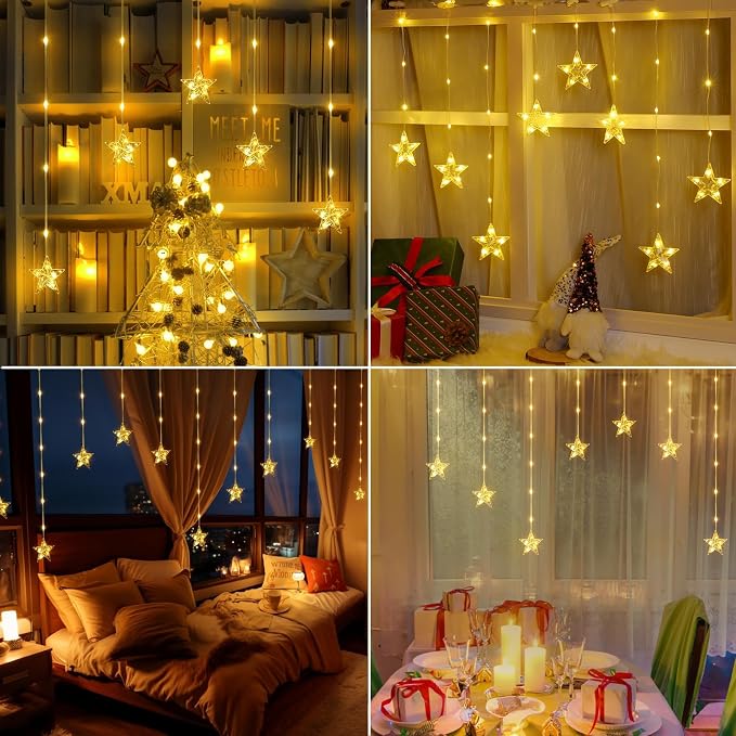 Christmas Window Lights, 76LEDs 9 Star Curtain Lights, Warm White&Multicolor, IP65 Waterproof, Timer & Memory Function, 8 Modes Indoor/Outdoor Decoration for Xmas, Birthday, Wedding, Bedroom