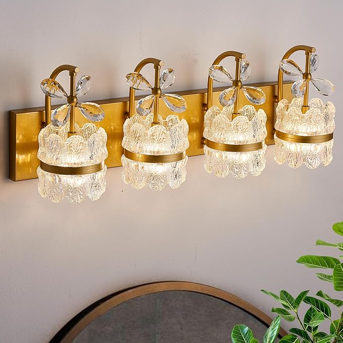 Bathroom Lights Over Mirror - Makeup Lighting Gold - Bathroom Vanity Light with Acrylic Shades for Bath, Makeup Desk, Farmhouse, Hallway, 4-Light