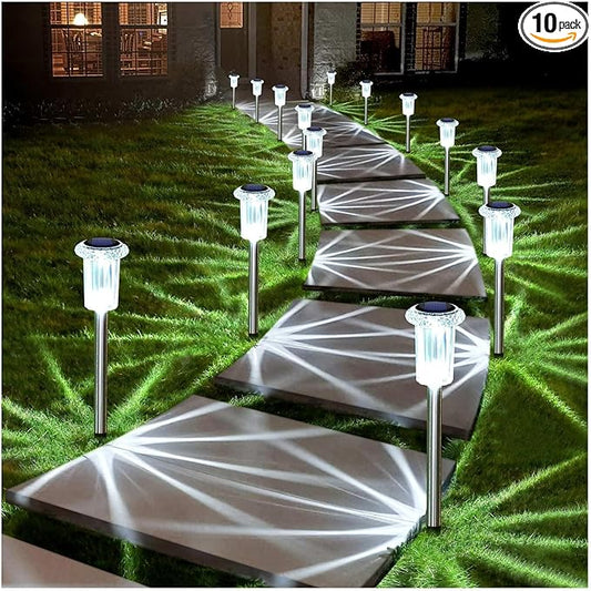 DenicMic Solar Lights Outdoor 10 Pack Waterproof 6000K Cold White LED Stainless Steel Stake Outside Lights for Yard Pathway Garden Driveway Walkway Landscape Path Lighting
