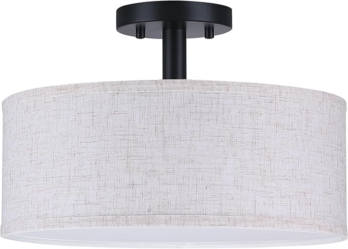 12 Inch Drum Black 3 Light Semi Flush Mount Close to Ceiling Light Fixture,Linen Fabric Shade for Bedroom,Living Room,Dining Room Hallway