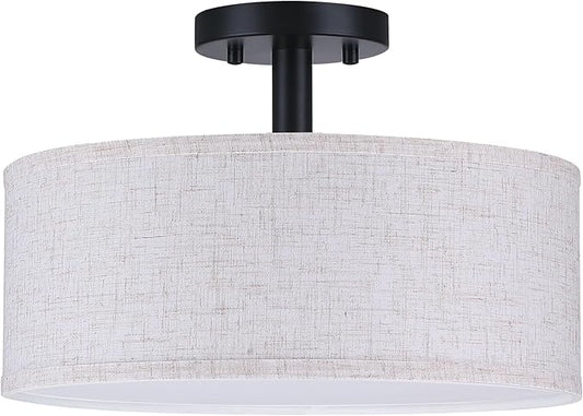 12 Inch Drum Black 3 Light Semi Flush Mount Close to Ceiling Light Fixture,Linen Fabric Shade for Bedroom,Living Room,Dining Room Hallway