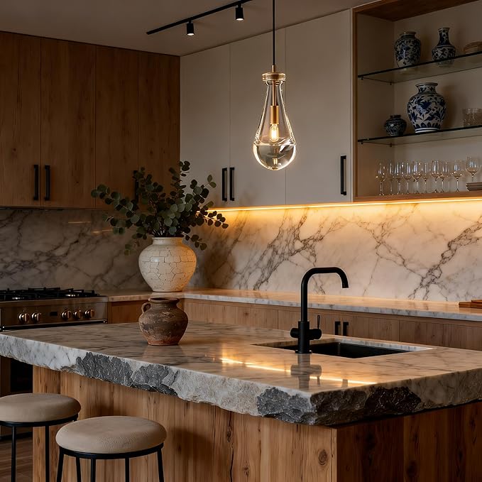 Raindrop Pendant Lights Kitchen Island Set of 3, Brass Teardrop Pendant Lights Dining Room Modern Gold Rain Pendants Glass Waterdrop Pendant Light for Island, Living Room,Included E12 Bulb