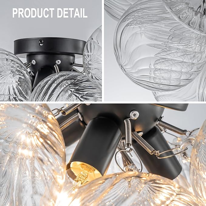 Semi Flush Mount Ceiling Light,Black Chandeliers for Living Room Modern Clear Swirled Glass Chandelier Dining Room Light Fixtures over Table 18.5" with 13 Globe for Foyer Bedroom Kitchen Island