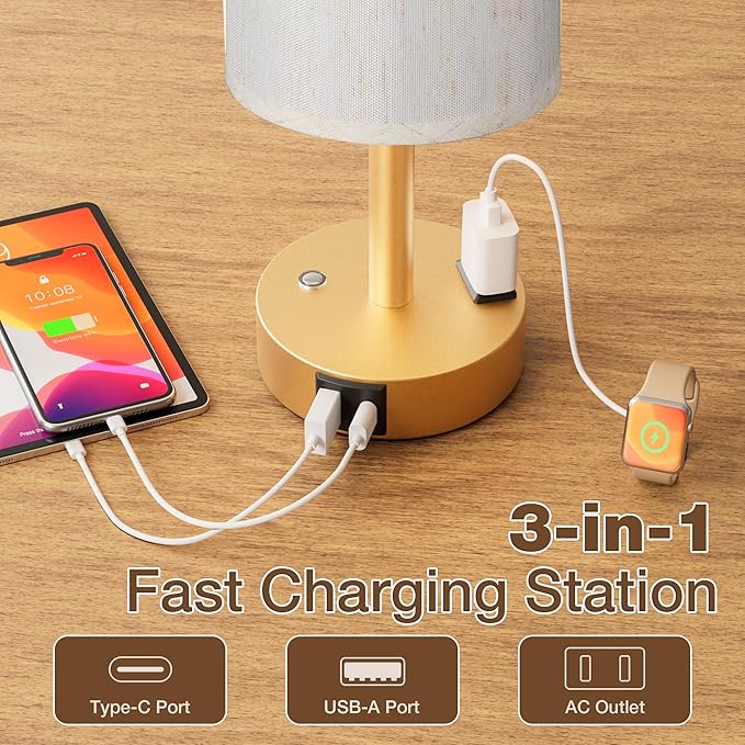 Touch Bedside Table Lamp with Memory - Stepless Dimmable Lamp for Bedroom, Small Nightstand Lamp with Dual USB Charging Ports and AC Outlet, Wood Night Light, Deak Lamp for Nursery (Cream & Gold)