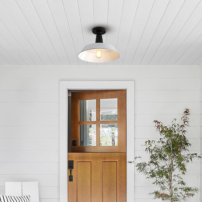 JONATHAN Y 14" White/Black 1-Light Industrial LED Semi Flush Mount Ceiling Light for Porch, Kitchen, Entryway, Modern Farmhouse Iron Fixture, White Metal Shade, LED Bulb Included JYL7617A