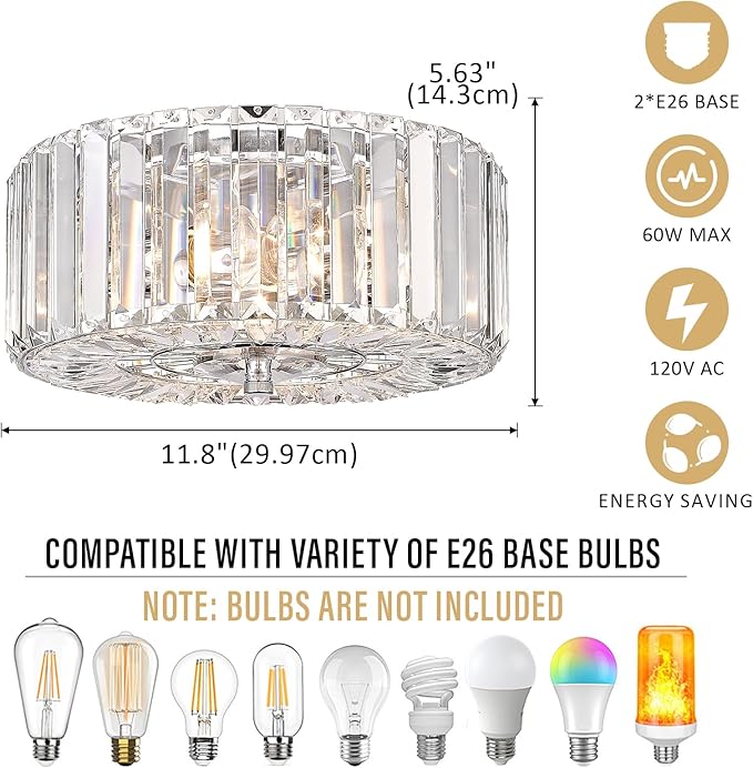 11.8" Crystal Round Flush Mount Modern Close to Ceiling Light Fixture, Chrome Ceiling Lights 2-Light Hallway Light Fixtures, Crystal Ceiling Lamp for Kitchen Bathroom Entryway, XDD007-2-CH