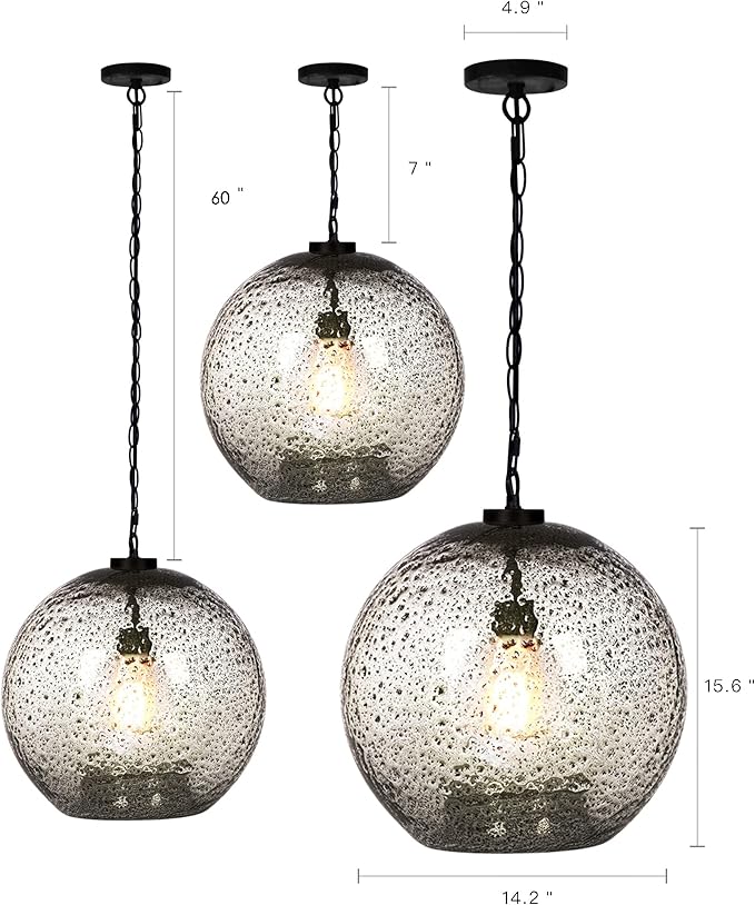 CASAMOTION Pendant Light Fixtures Hand Blown Glass Drop Ceiling Hanging Lighting Rustic Farmhouse Kitchen Island Clear Marble Large Globe Over Dining Room Table Entryway Hallway 15.6 Inch Height