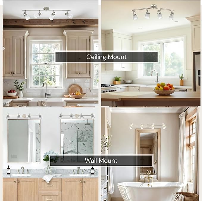 4-Light Track Lighting Kit, Brushed Nickel Flush Mount Ceiling Light Fixture with Frosted Glass Shades, Foldable Arms with E26 Adjustable Heads Spotlight, ETL Listed (35.6 inch)