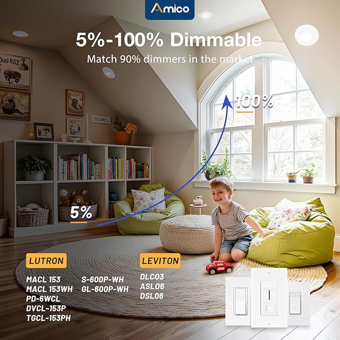 Amico 4 Pack 6 Inch 5CCT Gimbal LED Recessed Lighting, 360°&90° Adjustable Eyeball Directional Downlight, Dimmable, 2700K/3000K/3500K/4000K/5000K Selectable, CRI90+ 12W 1200LM, ETL&FCC