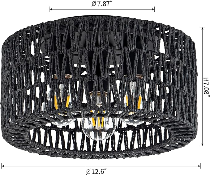 Rattan Ceiling Light Fixture, 3-Light Bohemian Modern Woven Ceiling Light, Black Boho Flush Mount Ceiling Light for Bedroom Living Room Dining Room, Bulb Not Included