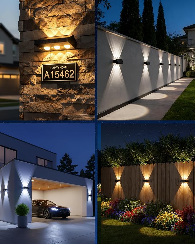 Solar Fence Lights Outdoor 4 Pack, 3 Modes 3000K/4500K/6000K, Up and Down Fence Lights Solar Powered for Outside, Deck Lighting for for Backyard/Garden/Patio/Garage Wall Decor