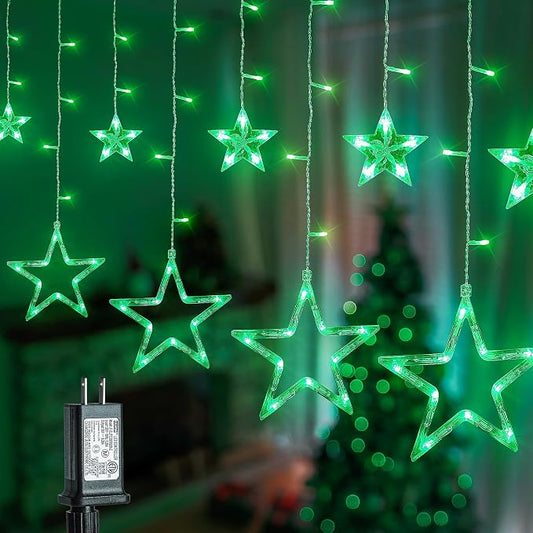 St Patricks Day Lights, 126 LED 8.2 FT Green Star Icicle Lights with 8 Modes Waterproof, Plug in Clear Wire Timer Curtain Lights for St Patrick Decorations Indoor Window Outdoor Party Decor