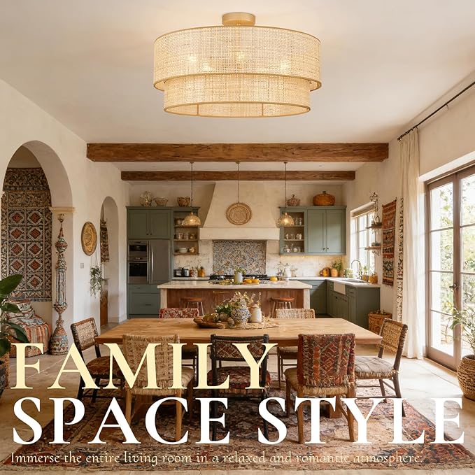Hamilyeah 24 Inch Large Boho Ceiling Light Double Layer, Semi Flush Mount Light Fixture with Wicker Rattan Bamboo Woven Shade for Living Room, Dining Room
