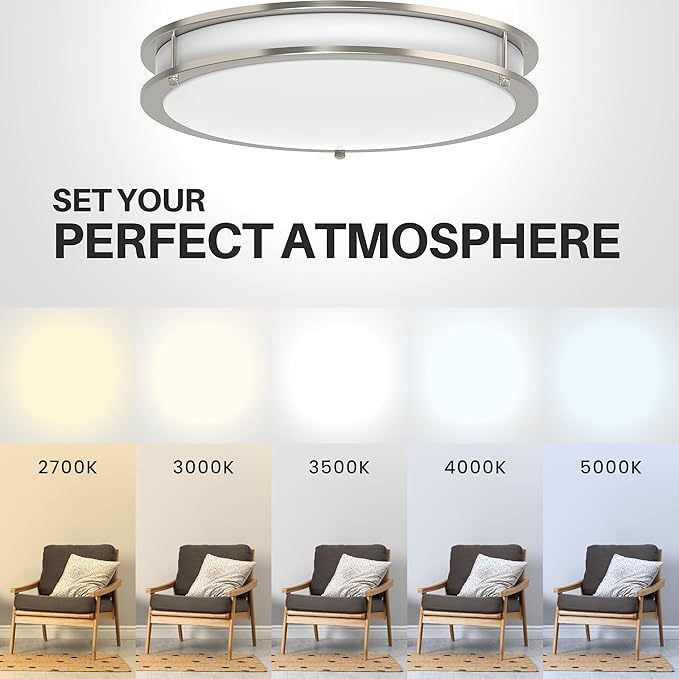 DYMOND LED Ceiling Light Flush Mount Dimmable Adjustable Lighting from Warm White to Daylight 2700K 3000K 3500K 4000K 5000K 5 in 1 Selectable CCT (Brushed Nickel, 14 Inch)