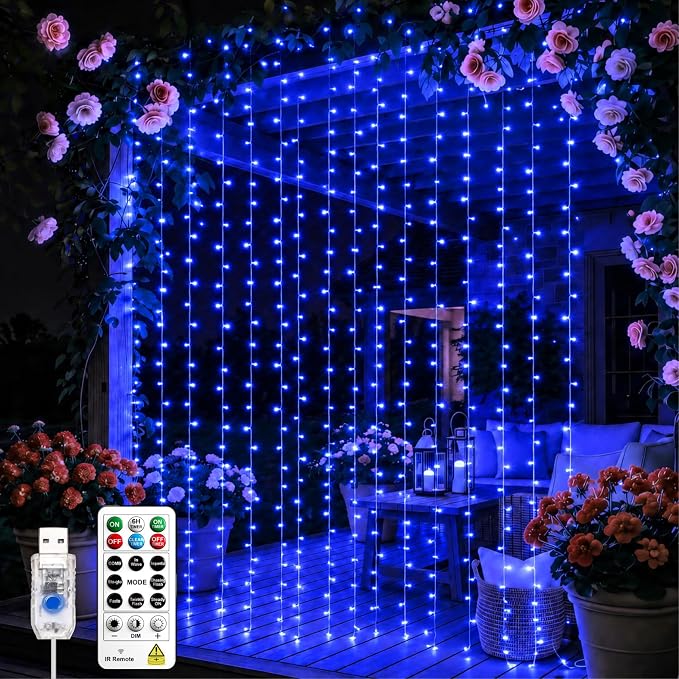 Curtain Light for Bedroom, 200LED 6.6x6.6ft Blue Window Wall Hanging Fairy Curtain String Light, 8 Modes Remote Fairy String Lights Indoor for Wedding Party Home Garden Decorations