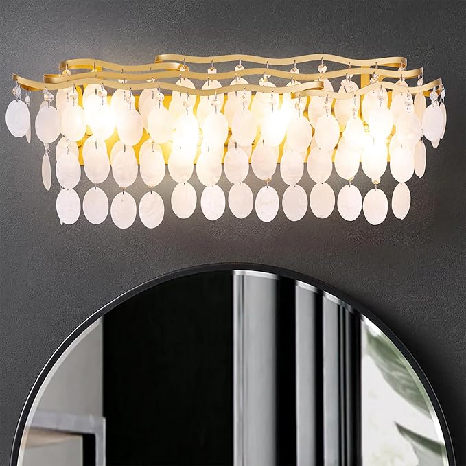 Wellmet Brushed Gold Bathroom Light Fixtures, 4-Light Capiz Shell Vanity Light, Modern Wall Sconces for Mirror, Cabinets, Bedroom, Hallway,Living Room, 27.2" W
