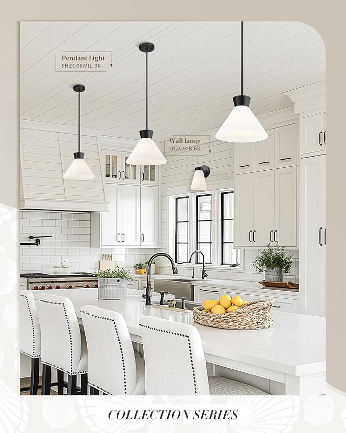 Pendant Lights Kitchen Island, HWH Milk Glass Pendant Light Black Hanging Light Fixture 1-Light, 11'' White Glass Pendant Lighting Height Adjustable, 5HZG98MIL BK