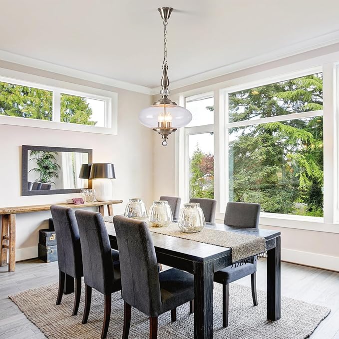 Modern Glass Large Pendant Light Brushed Nickel 5-Light Chandelier for Dining Room, Kitchen Island, H 27.5" x W 15.7", Adjustable Hanging Height