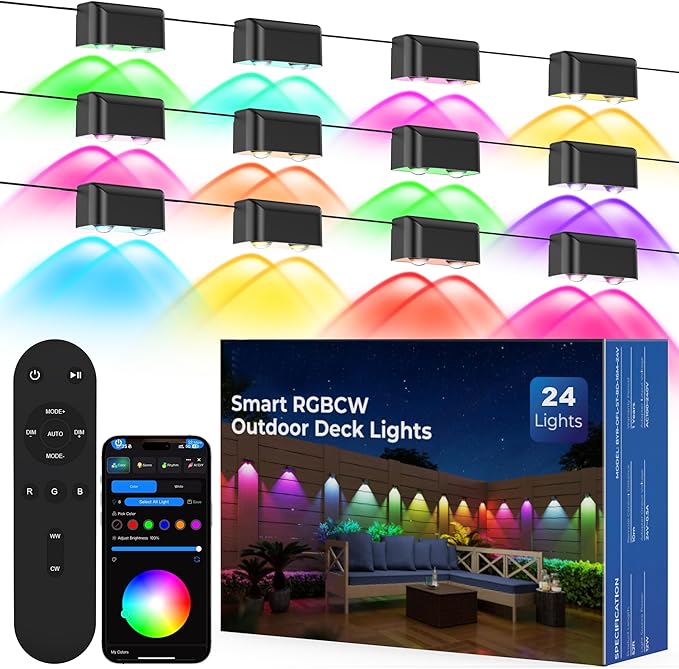 Outdoor Deck Lights, 24 Lights Smart Fence Lights Compatible with Alexa & Google Home, IP65 LED Patio Deck Lighting with Remote, Fence Lighting Music Sync for Patio Yard Garden(157.2ft)
