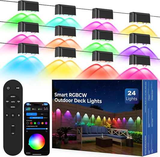 Outdoor Deck Lights, 24 Lights Smart Fence Lights Compatible with Alexa & Google Home, IP65 LED Patio Deck Lighting with Remote, Fence Lighting Music Sync for Patio Yard Garden(157.2ft)