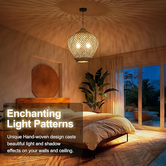17.72" Rattan Pendant Light,Boho Hand Woven Seagrass Hanging Light Natural Grass Rattan Chandelier for Dining Living Bedroom Kitchen Island