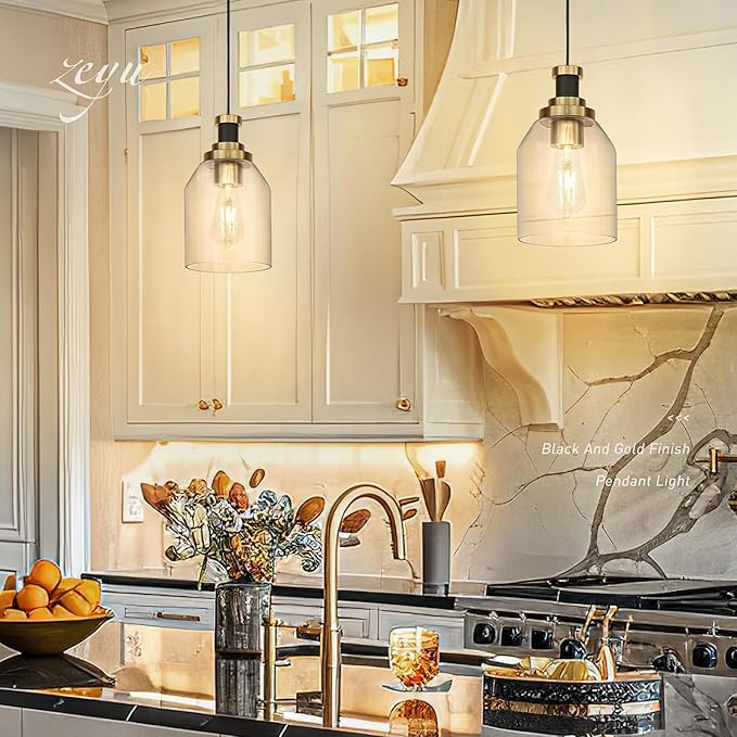 zeyu Glass Pendant Lights Kitchen Island 2 Pack, Modern Hanging Light for Kitchen Sink Dining Room, Clear Glass Shade, Black and Gold Finish, ZG33M1L-2L BK+BG