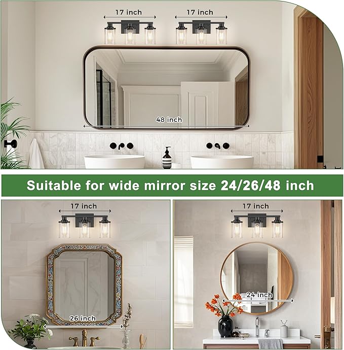 DORESshop 17 Inch Bathroom Light Fixtures, 3-Light Black Bathroom Lighting Fixtures Over Mirror with Clear Glass Shade, Vanity Lights for Bathroom Living Room Bedroom, ETL Listed