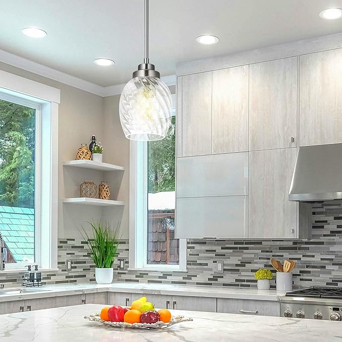 Glass Pendant Lights Kitchen Island,Twisted Clear Glass Treatment Pendant Light,Modern Hanging Light for Kitchen Sink Dining Room Bedroom, E26 (Brushed Nickel, 1pack)