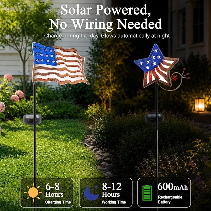 4th of July Decorations Outdoor Solar Lights, Metal American Flag Lights Patriotic Barn Stars Decorative Garden Stakes Light for Independence Day, Memorial Day Veterans Day Yard Path Lawn Decor