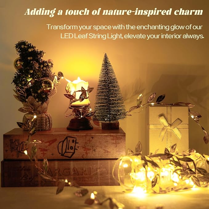 Gold Leaf String Lights Battery Operated, 20LED 6.56ft Fairy Lights with Leaves Vines for Bedroom, Garland Hanging Light for Room Decor Party Wedding Dorm, 2 Pack