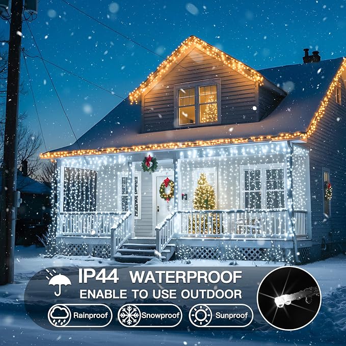 suddus Curtain Lights Outdoor, 300 Led 9.8ft x 9.8ft Hanging String Lights for Bedroom, Window, Wall, Wedding, Party, White