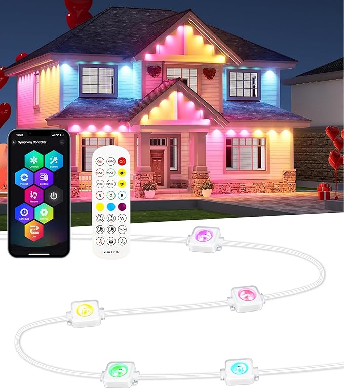 Permanent Outdoor Lights for House, 100ft with 60 LEDs Under Eaves Lighting, Smart RGBW+IC Outdoor Christmas Lights APP/Remote Control, DIY Scene, IP67 Waterproof for Holiday & Daily Decor