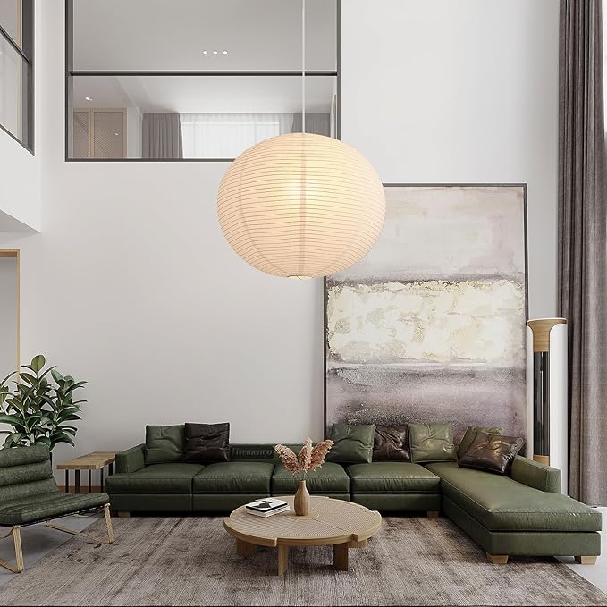 Large Rice Paper Pendant Light Kit, 23.6in White Globe Paper Lantern Lights, E26 Base, Japanese Hanging Lantern Lamp Japandi Chandelier for Dining Room Bedroom Office Living Room