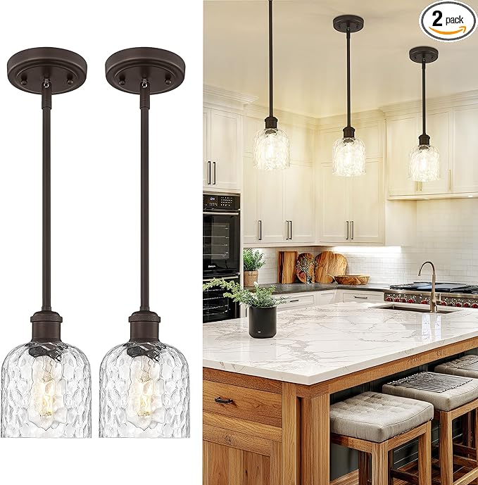 zeyu Bronze Adjustable Pendant Lighting, 2 Pack Hanging Kitchen Lights, 1-Light Farmhouse Glass Pendant Light with Clear Hammered Glass, Oil Rubbed Bronze Finish, ZJF63MIL-2PK ORB