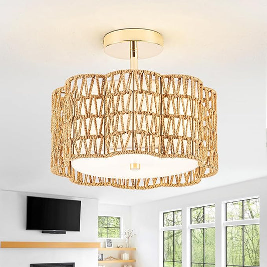 Tbaoinla✿ 13.8＂ Handwoven 3-Light Rattan Ceiling Light | Boho Flush Mount for Bedroom & Nursery, Natural Fiber Basket Light Fixture, Gold Light Fixture