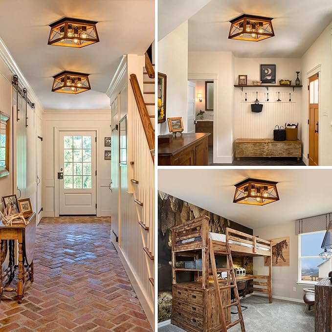 Farmhouse Light Fixture, 4-Light Rustic Ceiling Light, Trapeziform Wood Flush Mount Ceiling Light for Kitchen, Hallway, Entryway, Bedroom