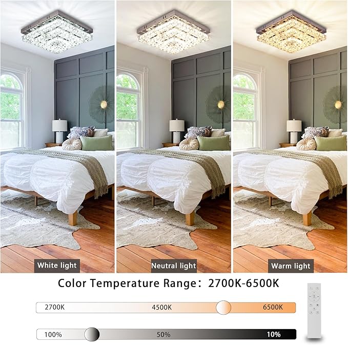 Crystal Chandeliers Crystal LED Ceiling Light 11.8" Square Flush Mount Modern Chandelier Ceiling Lights Fixtures for Bedroom Dining Room Hallway Dimmable by Remote Control