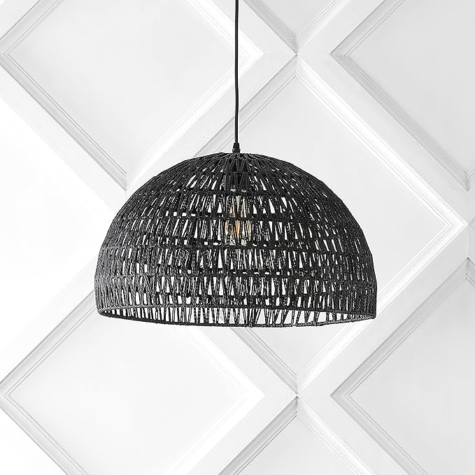 JONATHAN Y 20" Black Modern Bohemian Woven Rope LED Pendant Light Fixture, Adjustable Dome Ceiling Lamp for Kitchen Island, Rope Shade, Coastal Farmhouse Decor (JYL6504C)