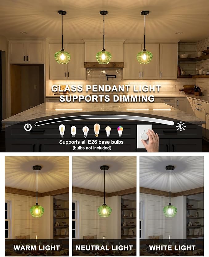 2-Pack Green Pendant Lights Kitchen Island, 7" Vintage Glass Pendant Lighting Fixtures Mini Hanging Light for Kitchen, Dining Room, Bathroom, Bedroom