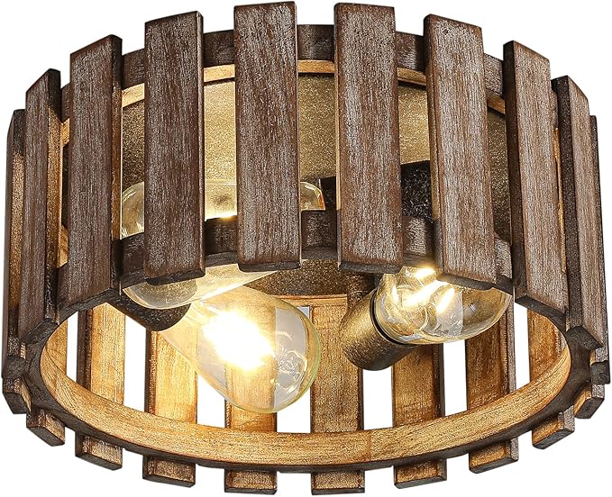 Farmhouse Flush Mount Ceiling Light, 12.2 Inch 3-Light Metal and Wood Close to Ceiling Light Fixture, Rustic Ceiling Light for Kitchen, Dining Room, Living Room, Hallway